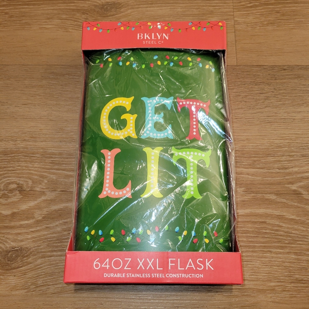 BKLYN Steel Co. 64 oz XXL Flask "Get Lit" Christmas Gift Stainless Steel New
